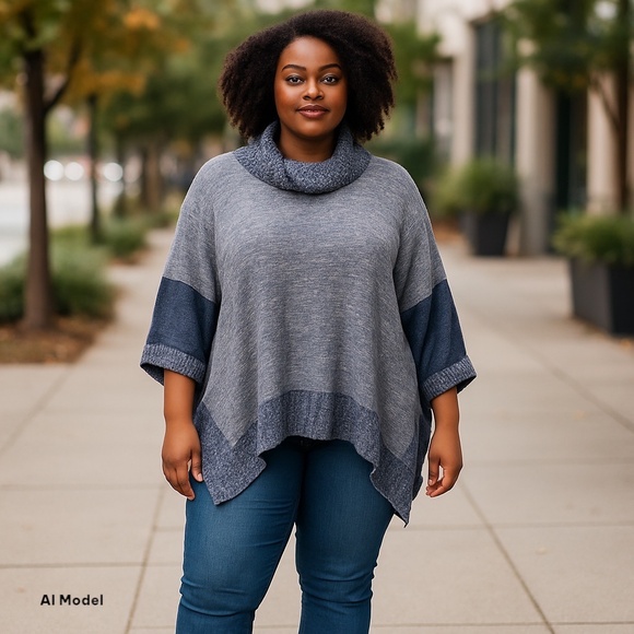 Avenue Navy Blue Heathered Colorblock Turtleneck Knit Sweater Size 14/16 - Picture 1 of 11